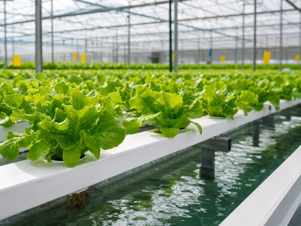 Hydroponic leafy greens in water channels