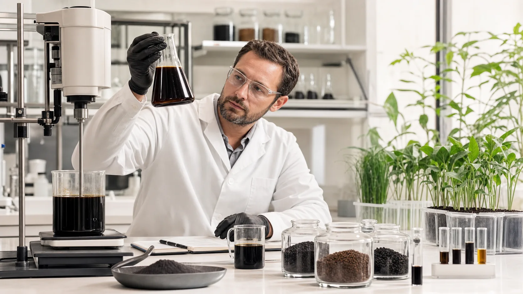 Biostimulant formulation laboratory with fulvate samples
