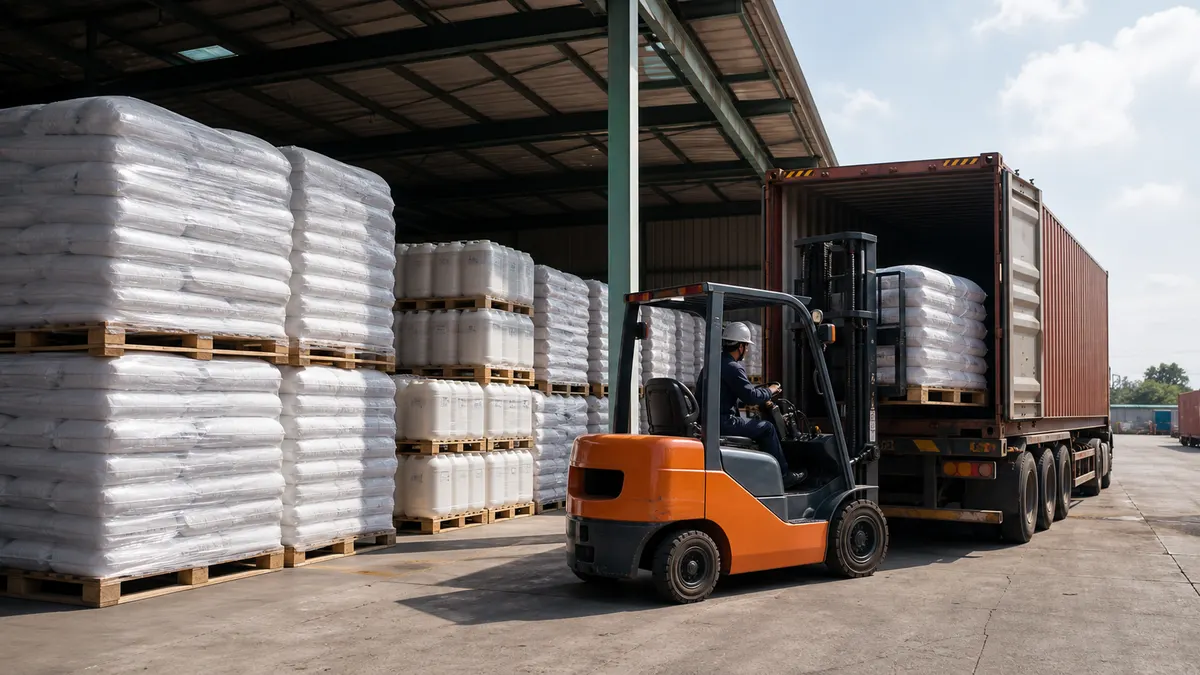 Warehouse loading fertilizer pallets into container