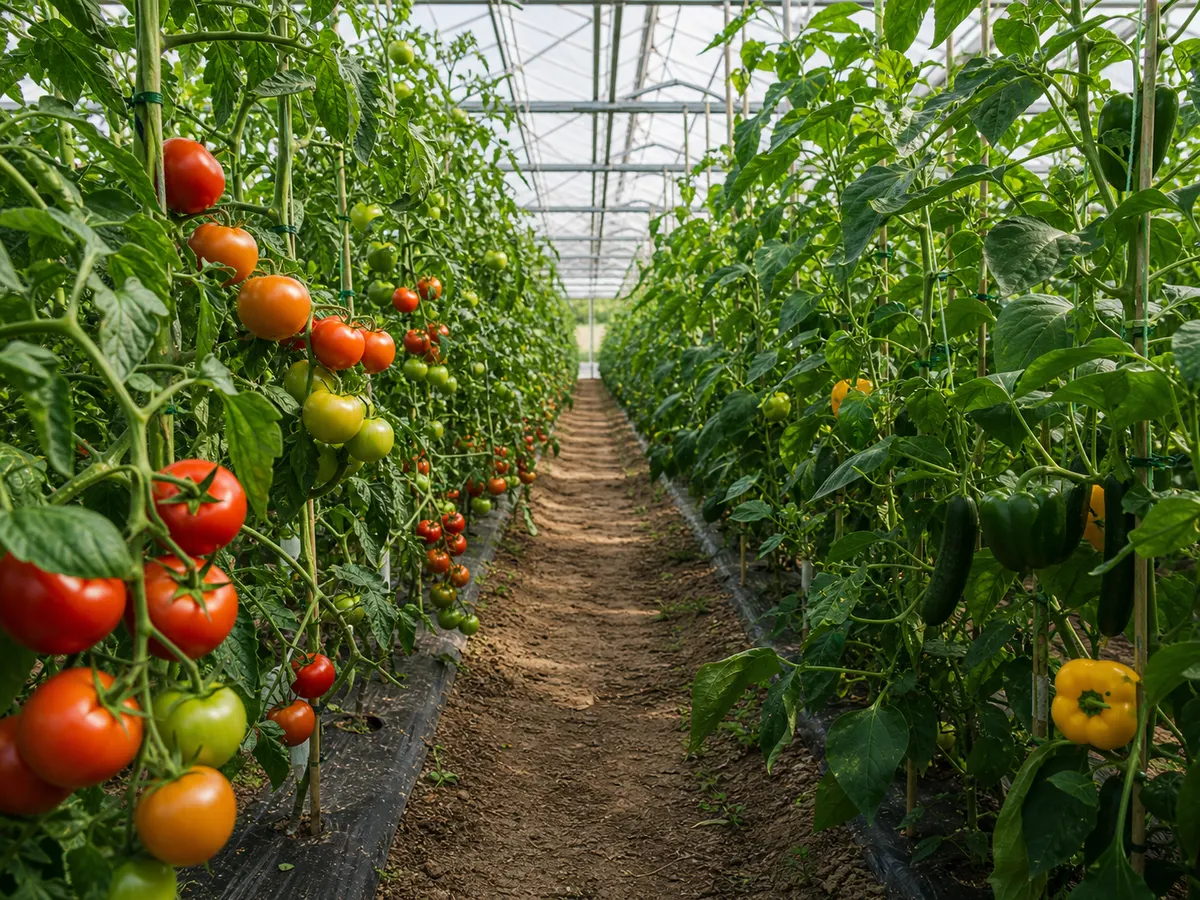 Vegetable crops in greenhouse rows